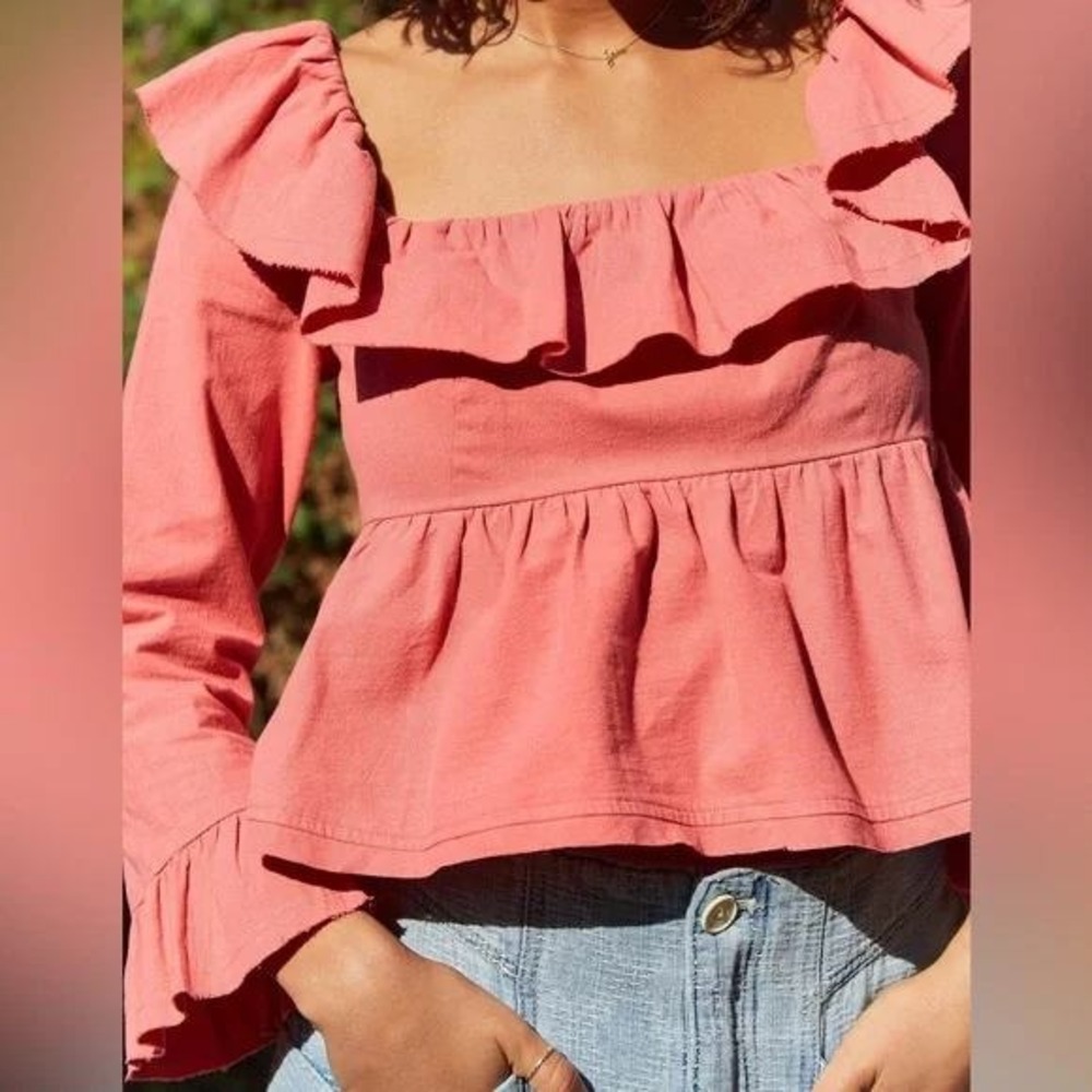 Free People Tulla Babydoll Blouse Size L Pink Ruffle Open Tie Back Long Sleeve